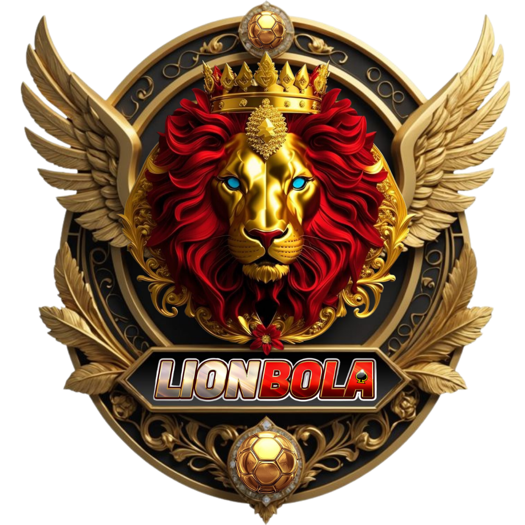 Logo LionBola dengan kepala singa bermahkota emas, rambut merah, sayap emas, dan bola emas.